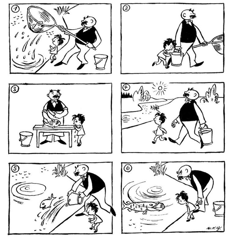 Bildergeschichte: Vater und Sohn fangen einen Fisch und setzen ihn wieder aus.