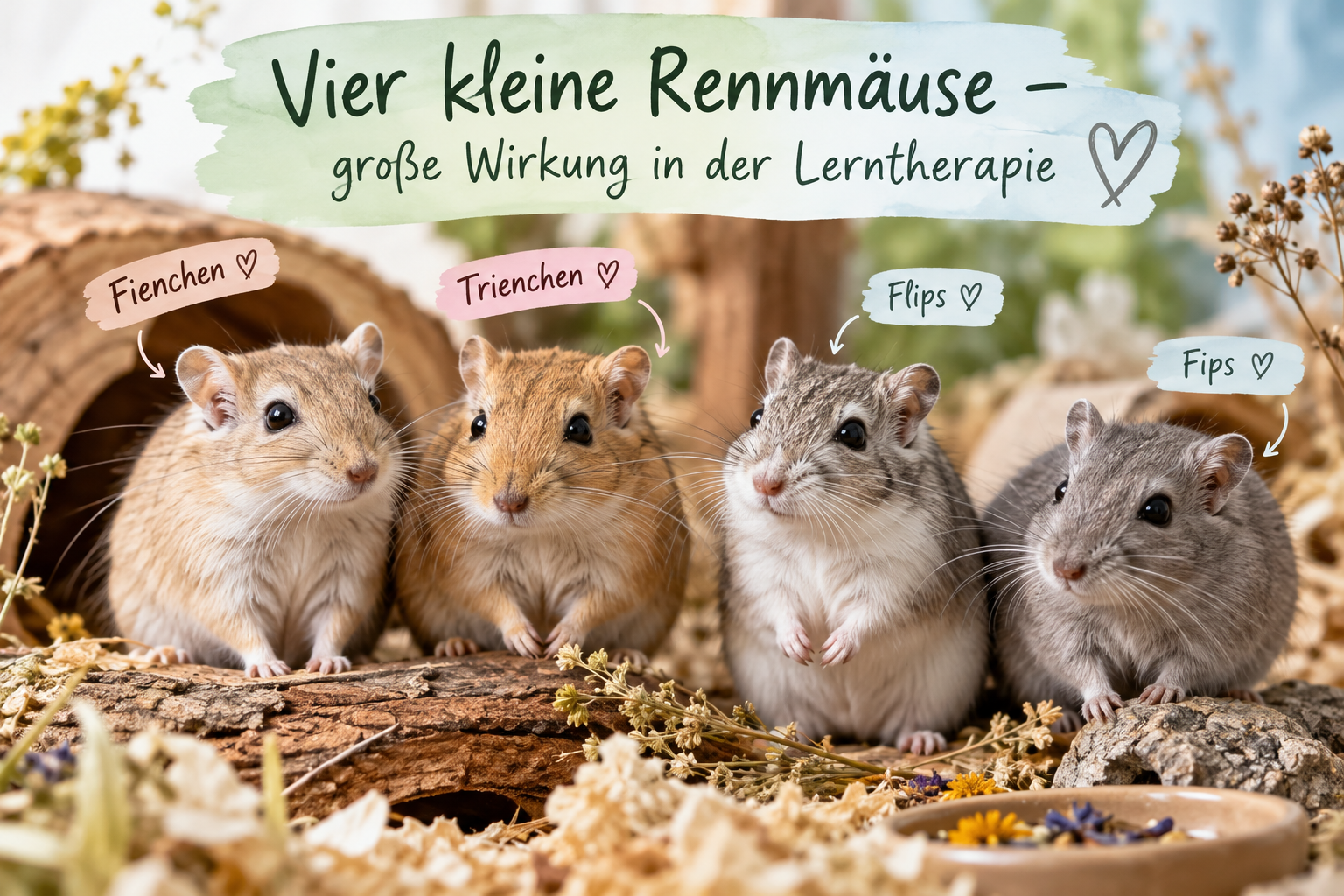 Fienchen, Trienchen, Flips und Fips – vier Rennmäuse im Familienatelier